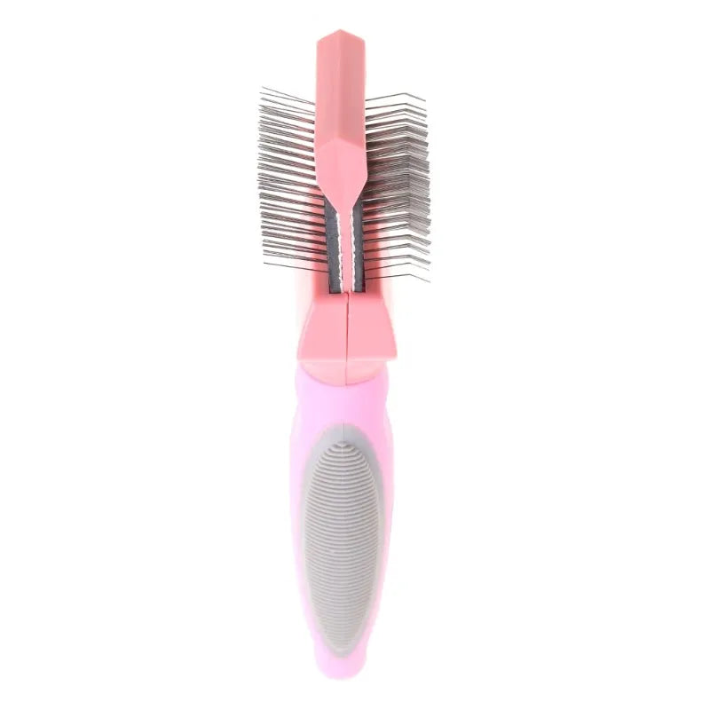 Blue double-sided pet brush with stainless steel pins and soft pins on a non-slip ergonomic handle.