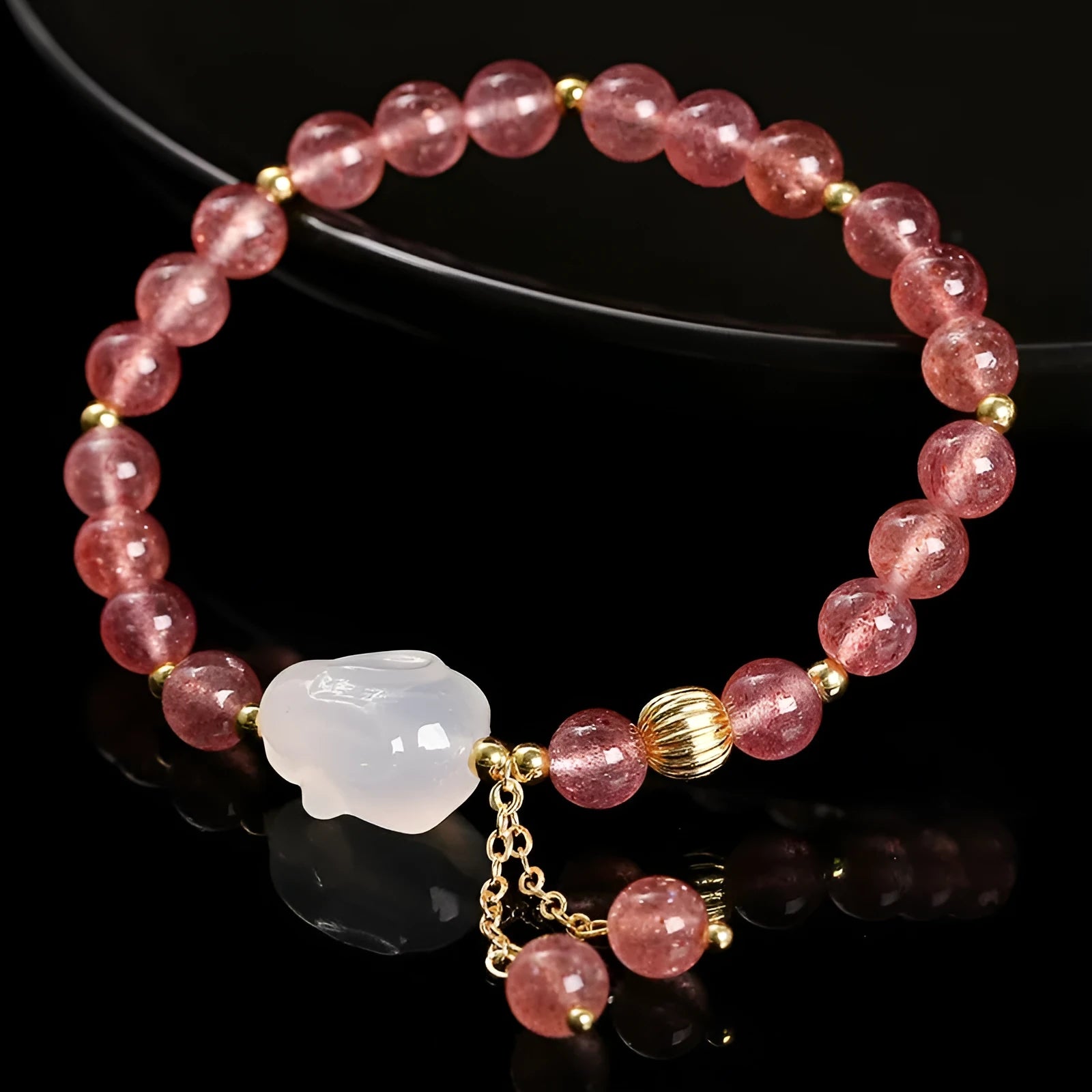 Strawberry quartz agate white rabbit bracelet with round 6mm beads handmade sweet style for women