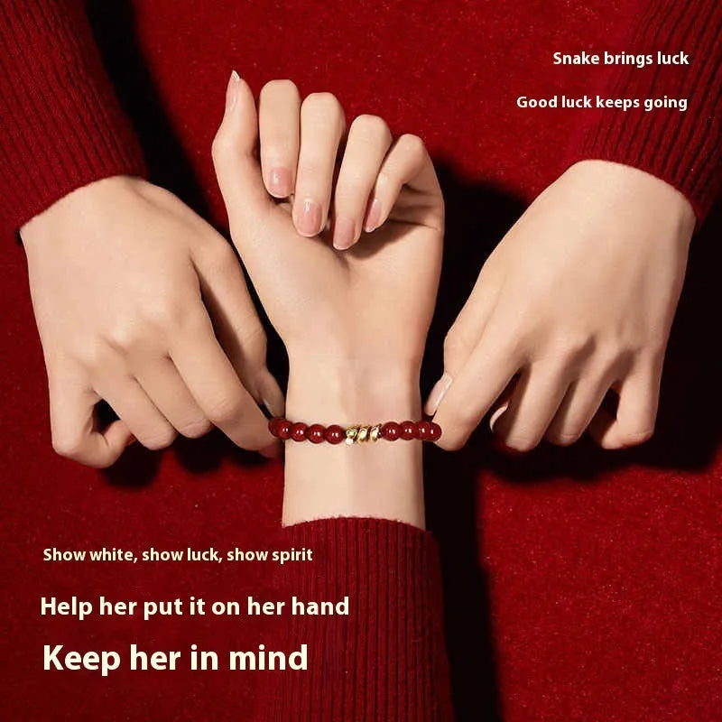 Handmade cinnabar snake bracelet with roll beads in 6mm or 8mm size for Chinese zodiac year