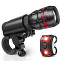 Bicycle front headlight and rear taillight set with a black handlebar mounting bracket on a white background.