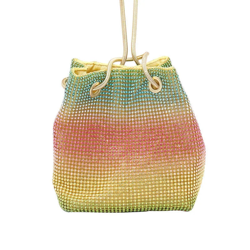 Rainbow coloured rhinestone bucket bag for women with adjustable fabric strap.