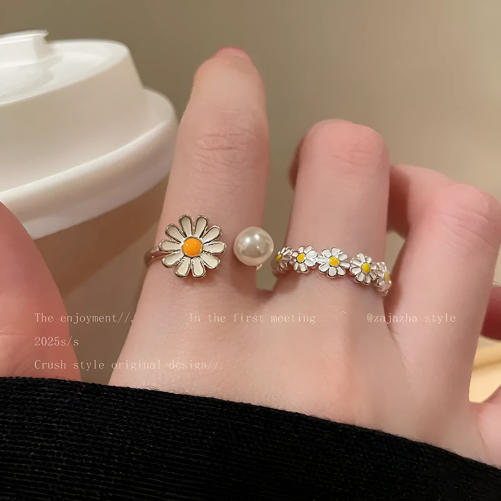 Women's copper twin ring set with flower pearl opening design, little daisy pearl ring and little daisy ring