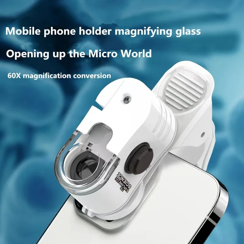Mini mobile phone microscope with 60x magnification, LED light, and universal clip attached to a smartphone camera