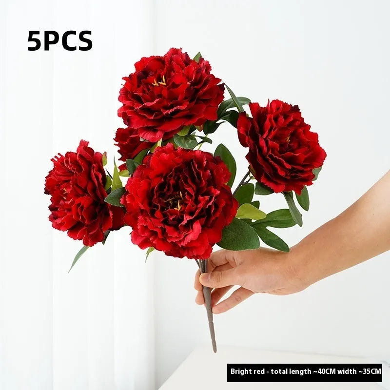 Artificial 5-head peony silk bouquet 40cm in light champagne colour for wedding decor