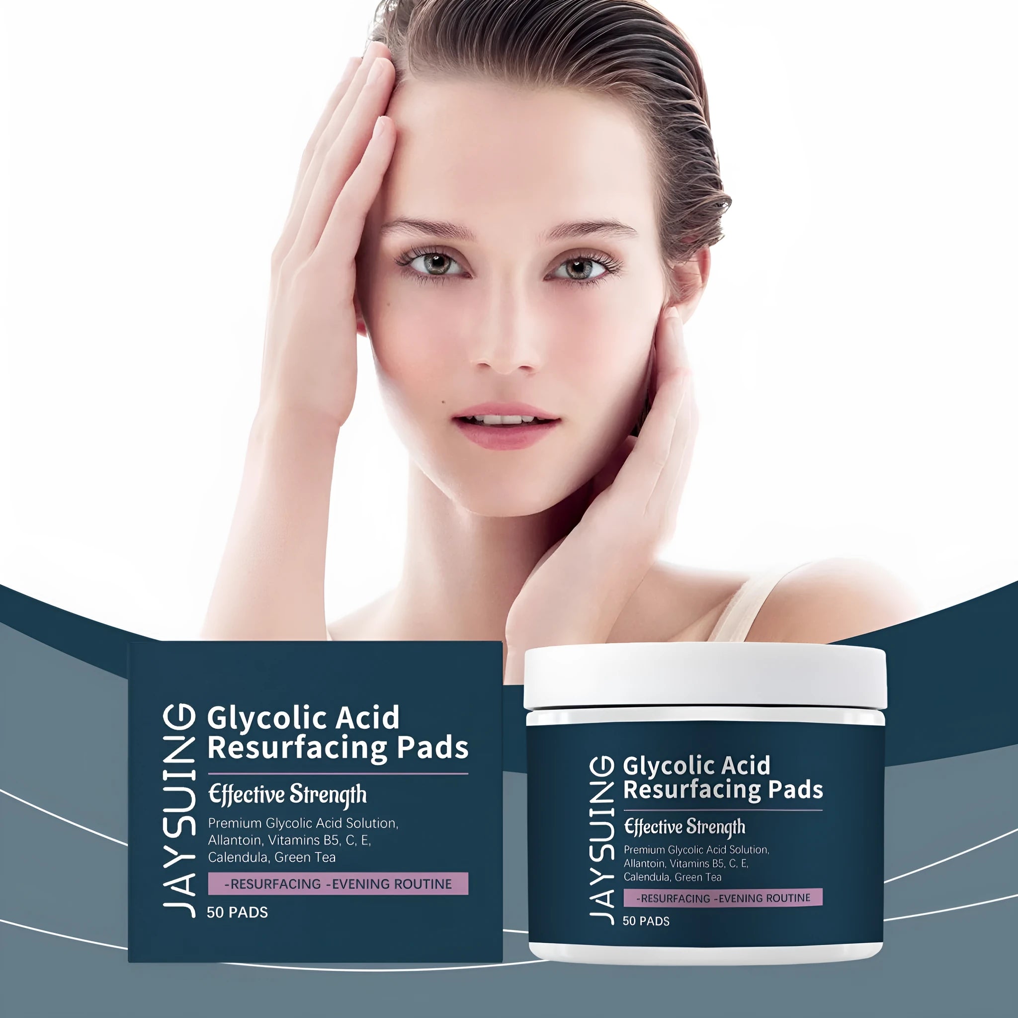 Pack of 50 glycolic acid exfoliating moisturising cotton cloth facial pads with vitamin B5, C, and E