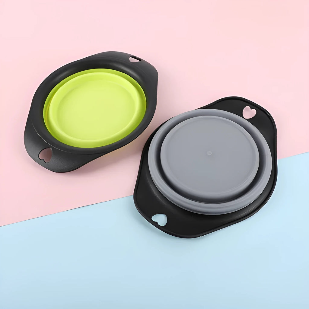 Silicone folding bowl for pets in black, collapsed flat for portable storage
