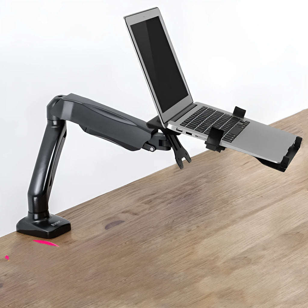 Notebook stand tray with open base for heat dissipation, supports laptops up to 17.3 inches, in a black plastic and metal finish