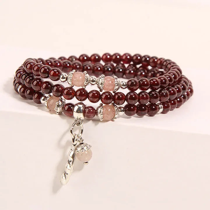 Wine red garnet crystal bracelet with flower-shaped beads on a single strand for women's natural jewellery