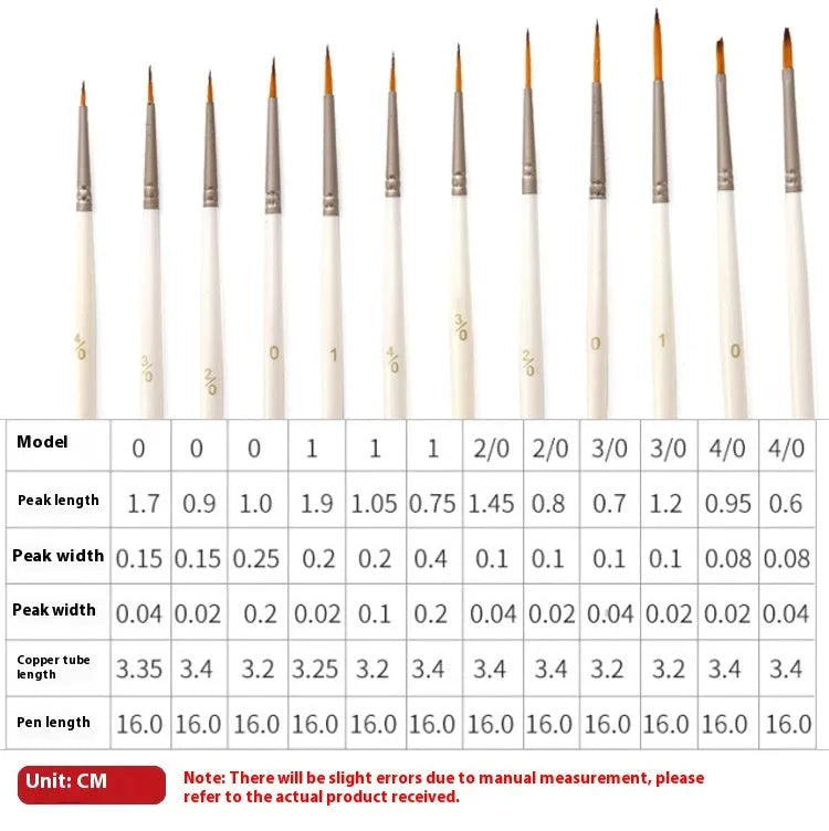 Set of 12 Pearl White handled artist paint brushes with nylon wool heads, sizes 000 to 4/0.
