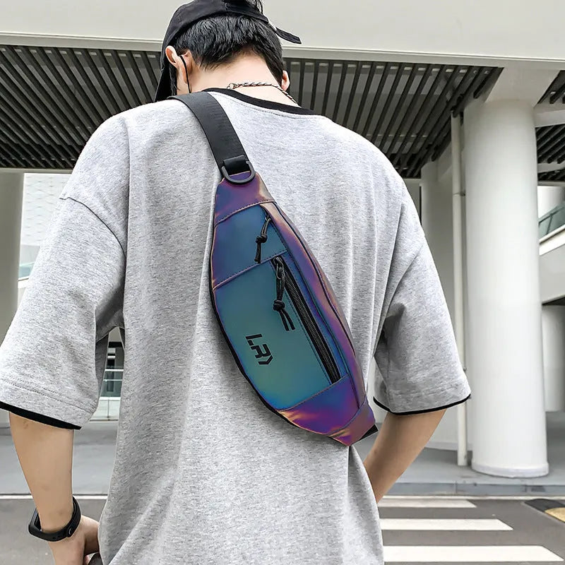 Blue reflective Oxford cloth crossbody bag with an open pocket and soft handle.