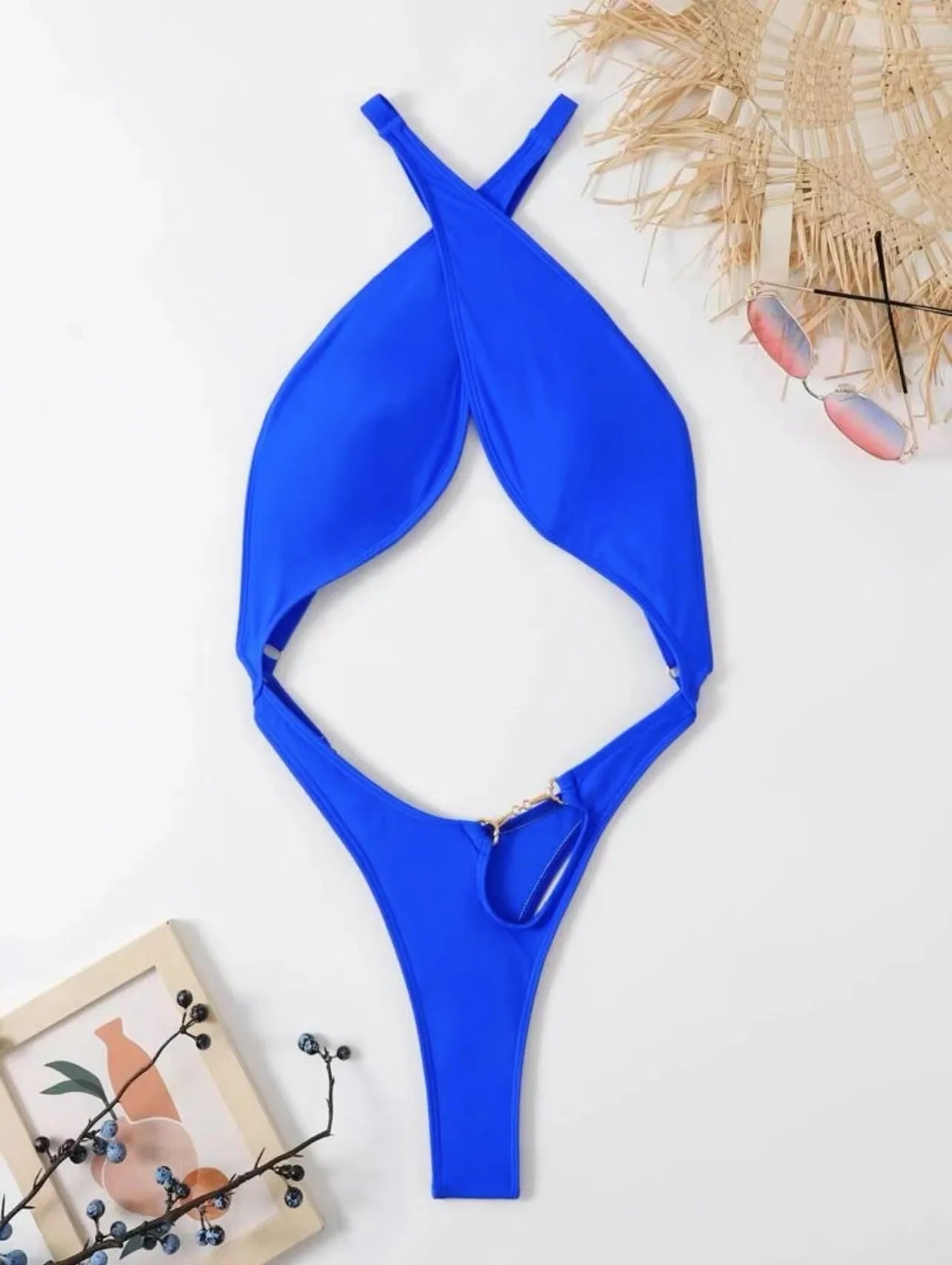 Women's one-piece swimsuit bikini in solid blue colour polyester with spandex lining
