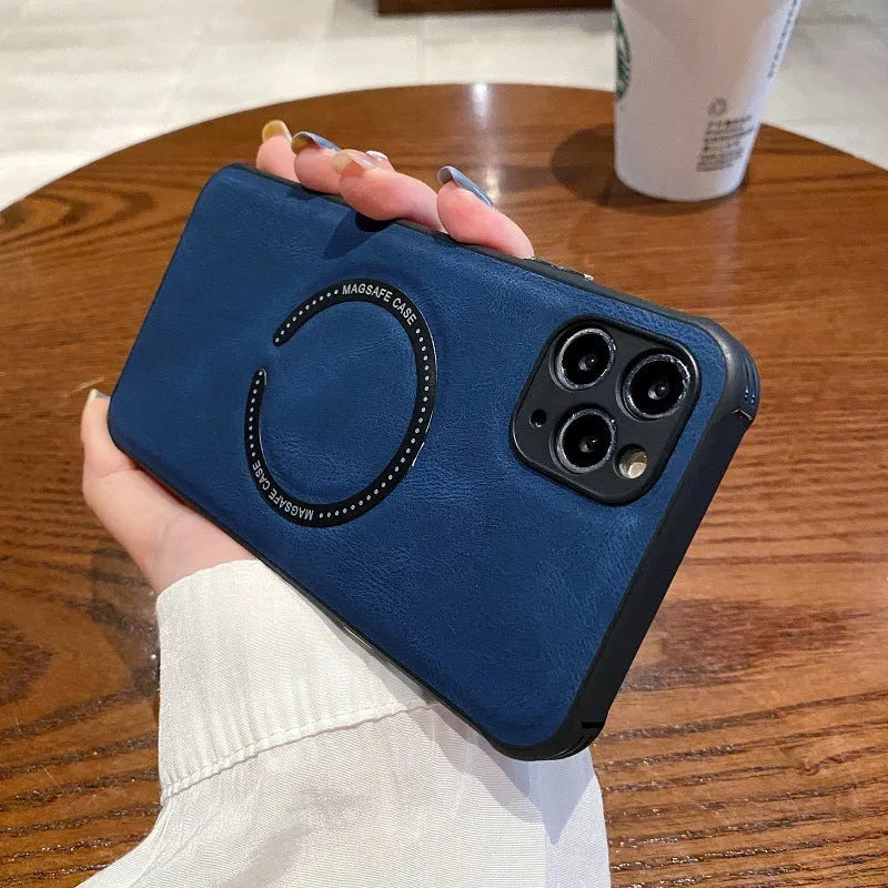 Business magnetic charging phone case imitation leather black fits Apple iPhone models