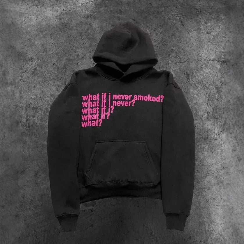Letter print heavy hooded sweater pullover in black, front view, with hooded collar and figure pattern