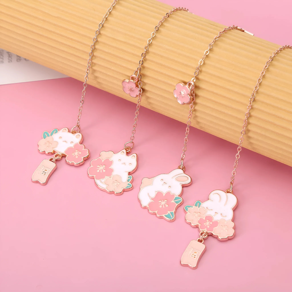 Creative cartoon metal pendant bookmark featuring cherry blossom cat or rabbit design, student book holder