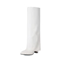 Women's white high heel boot with high cylinder sock and sewing line detail on artificial PU upper.