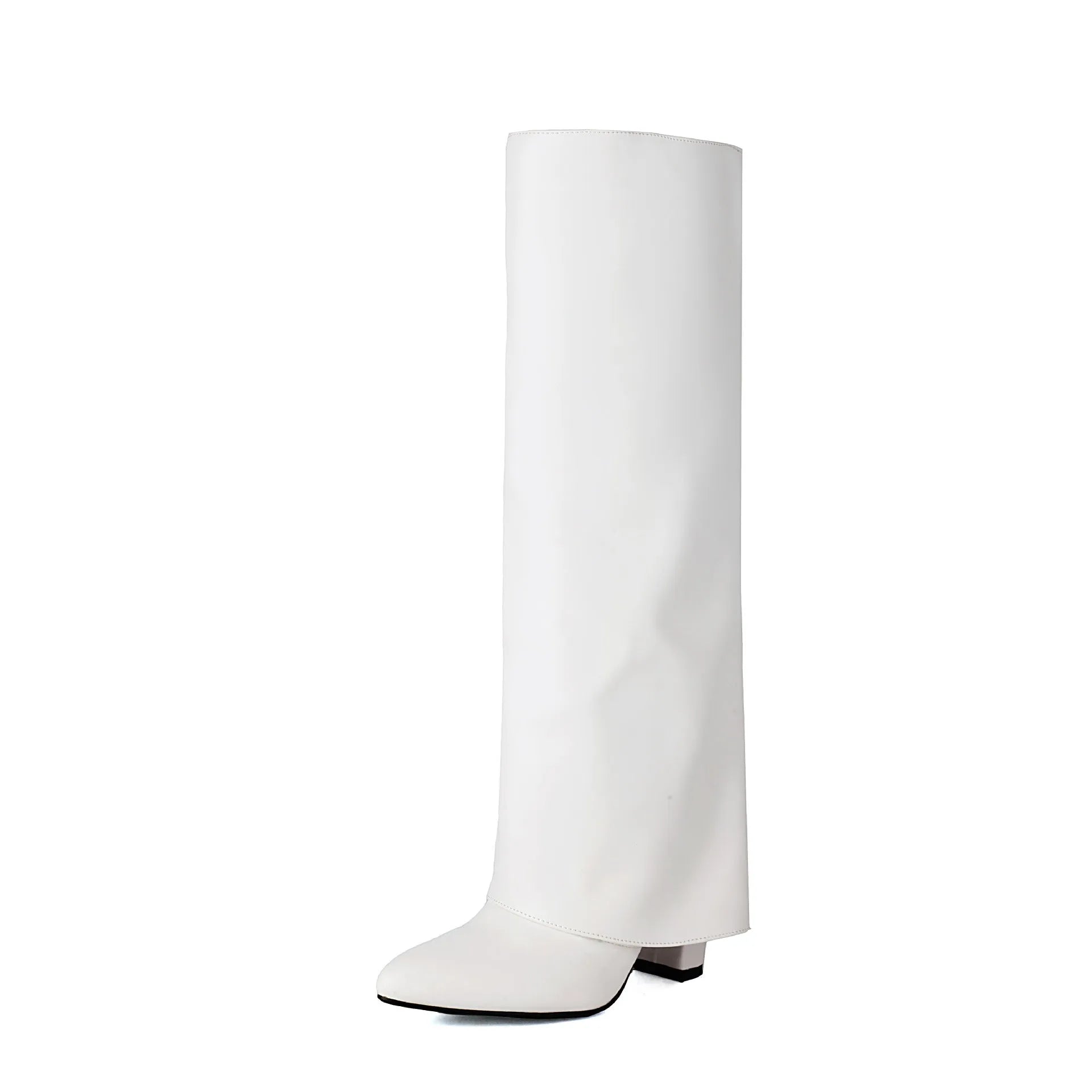 Women's white high heel boot with high cylinder sock and sewing line detail on artificial PU upper.