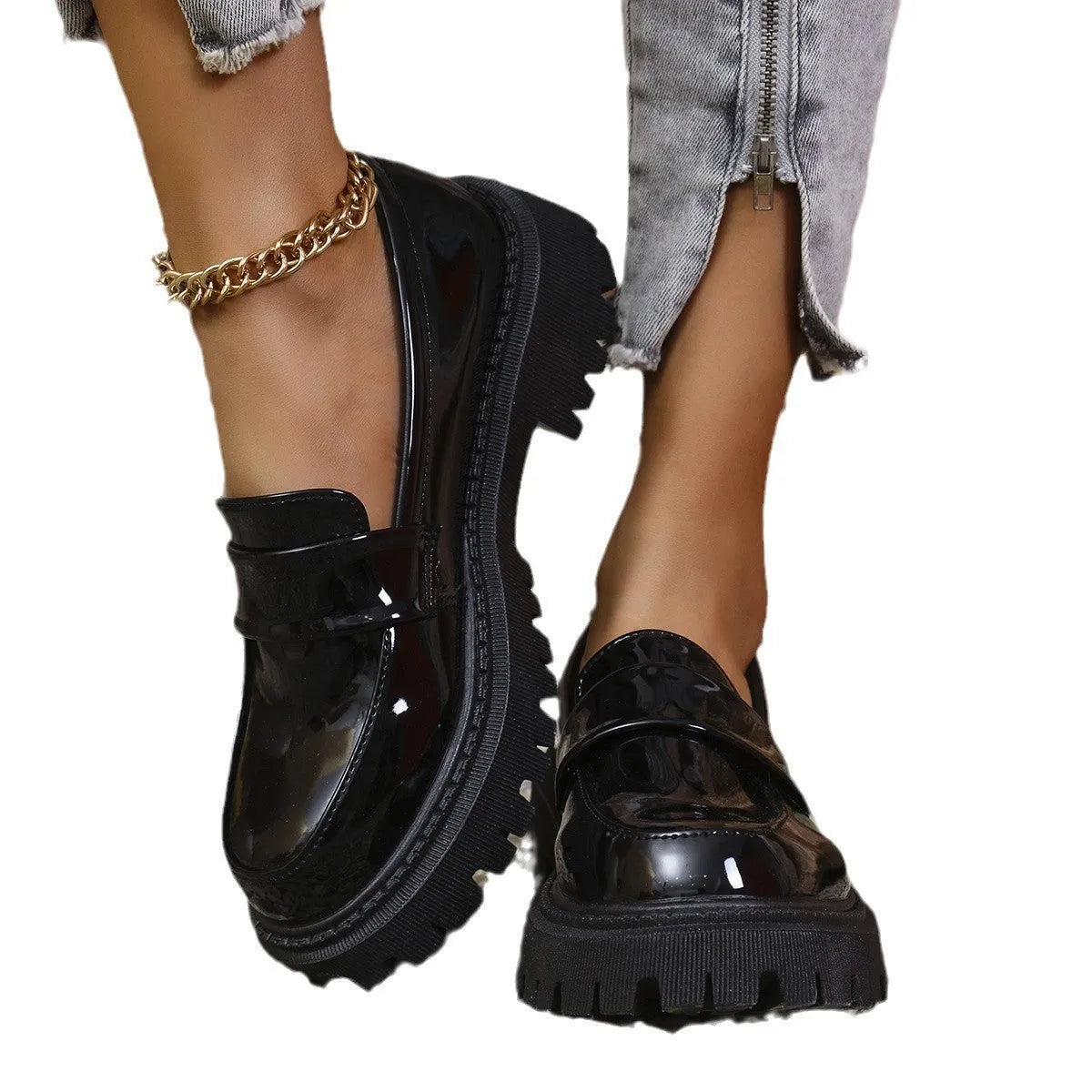 Plus size slip-on loafers with chunky heel in black, green, or wine red
