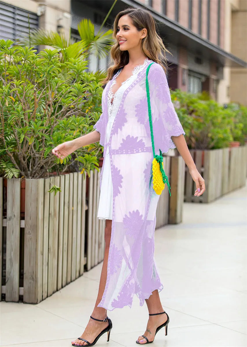 Light purple women's lace embroidery beach cover-up dress for swimming.