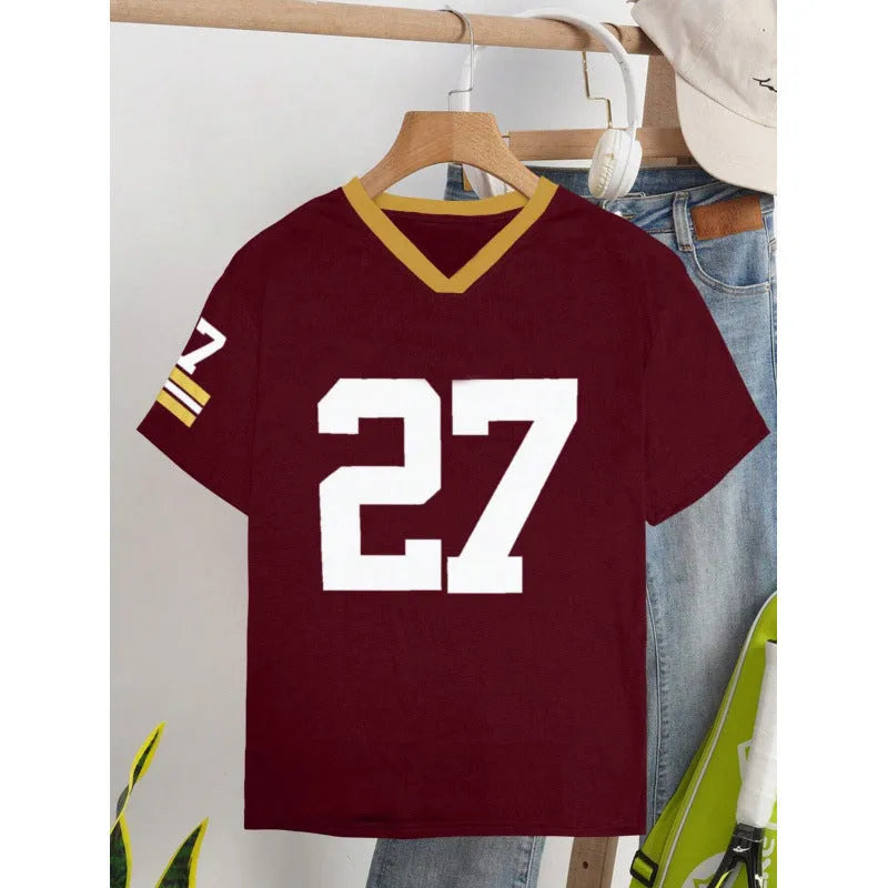 Red cotton t-shirt with digital letter printing, loose fit, short sleeves