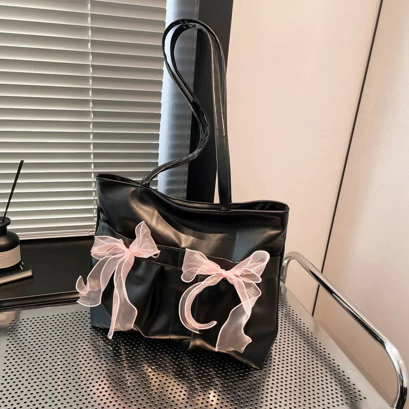 College style bow tote bag in black with large capacity, PU material, and double shoulder straps