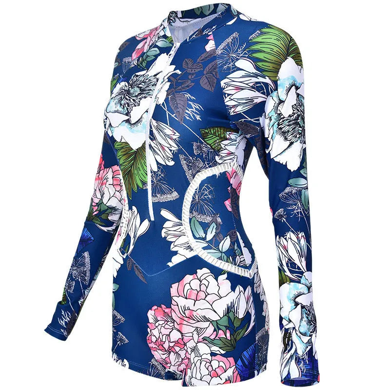 One-piece boxer diving suit with nylon fabric and printed pattern in yellow flowers for swimming