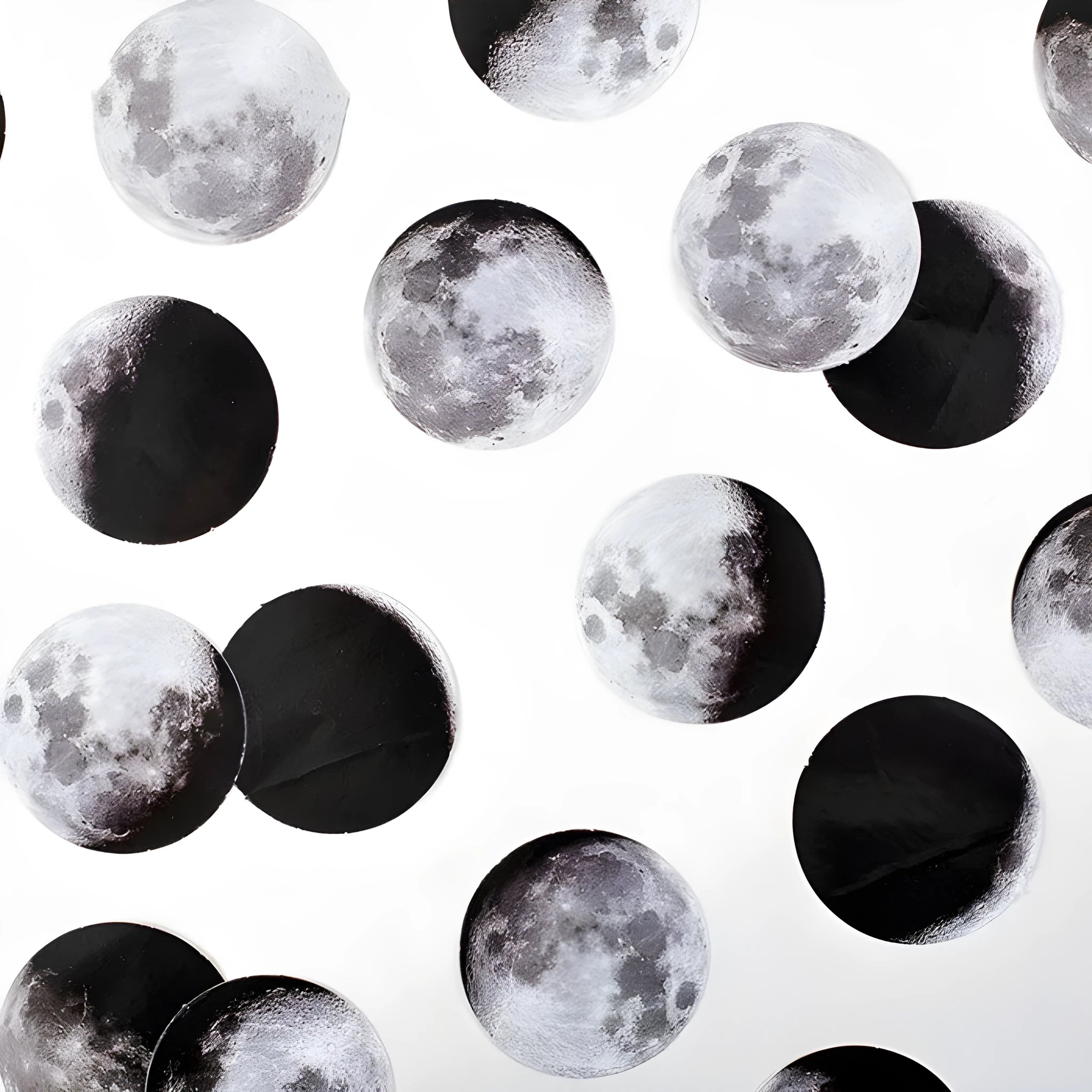 Boxed stickers showing moon phases and calendar planet designs in black on self-adhesive paper, 45 pieces per pack