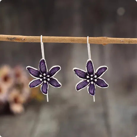 Purple floral alloy earrings with electroplated finish, retro simple design for pierced ears