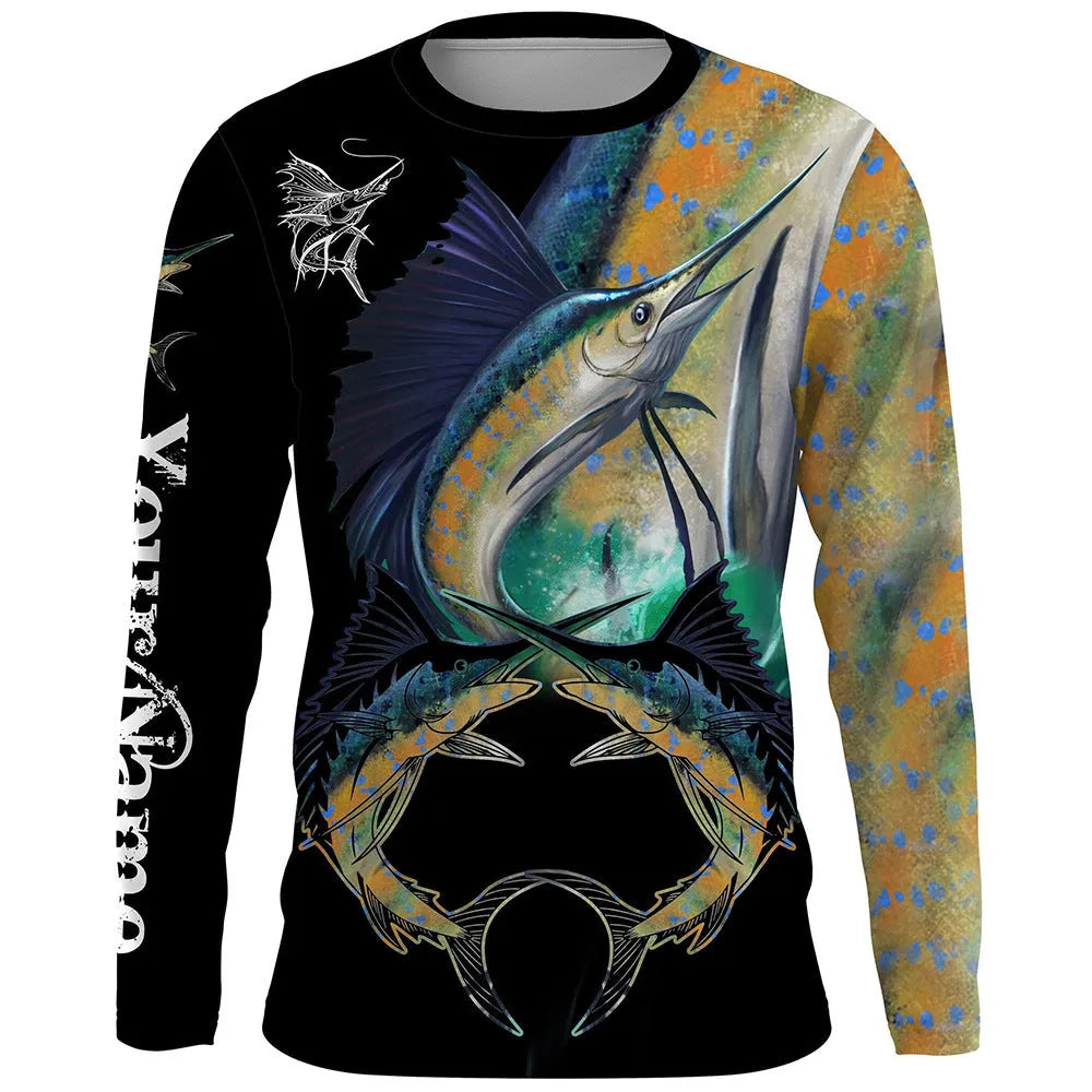 Men's round neck long sleeve pullover top with a fish print design in various colours.