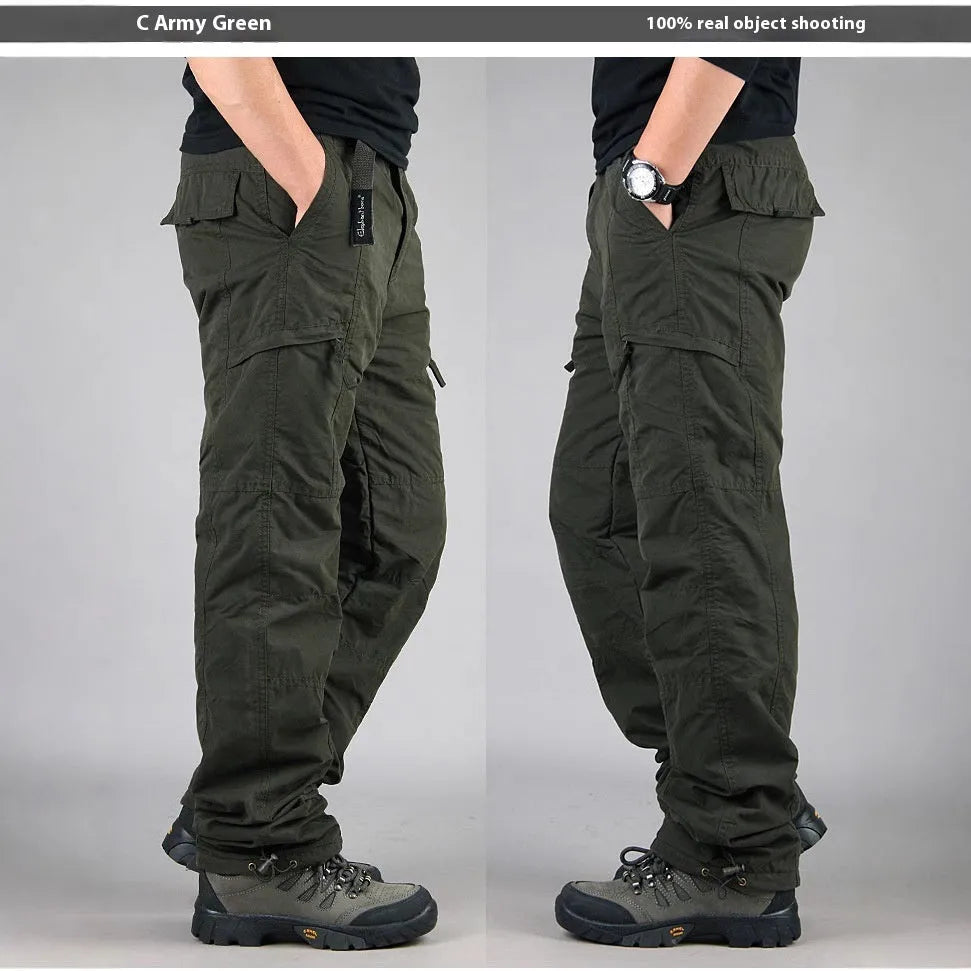 Men's stone-washed khaki cotton work overalls with a wool lining, shown with a loose straight-leg fit.