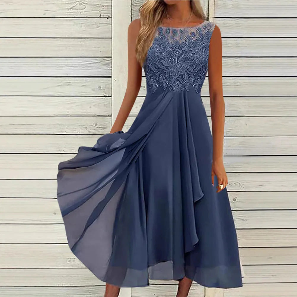 Women's sleeveless green chiffon dress with lace hollow-out detail, mid-length princess style