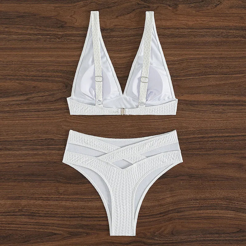 White women's backless bikini set with solid colour, polyester fabric, and spandex lining, available in sizes XS to L