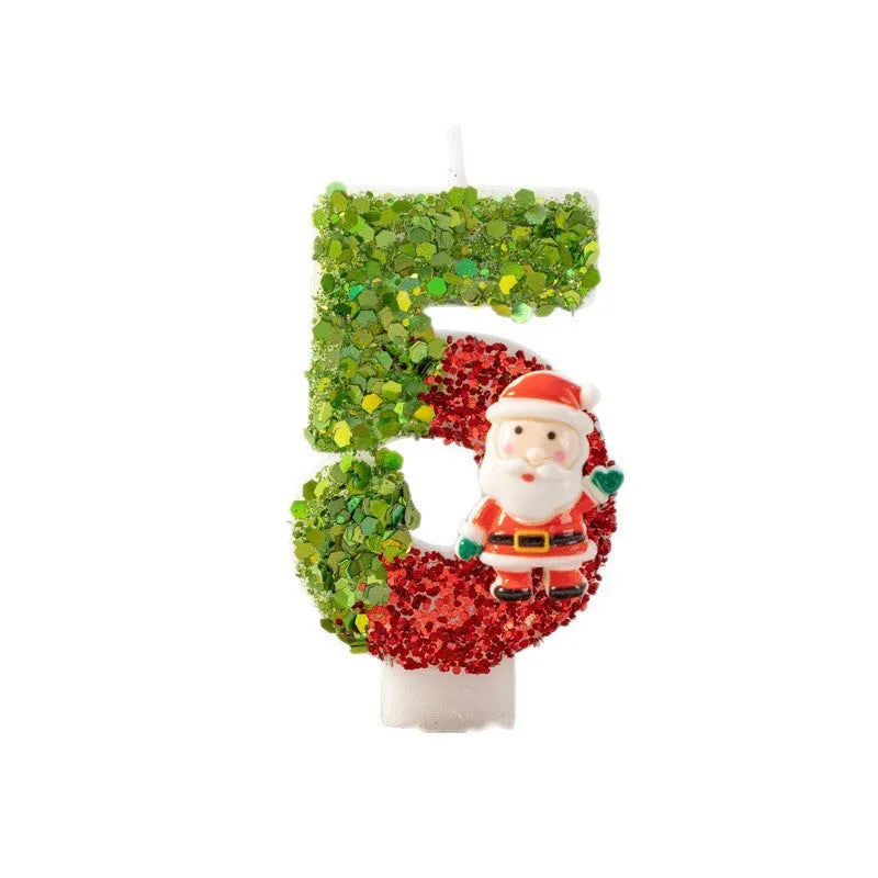 Handmade paraffin number candle, numeral 0-9, Santa Claus digital painted design on cake