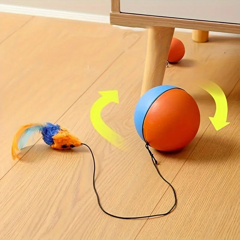 Blue and orange plush cat toy ball with grey mouse attachment measuring 8.5cm