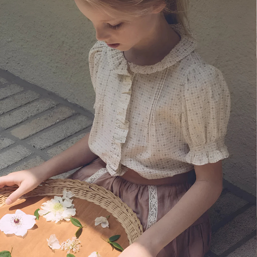 Girls' cotton printed shirt suit with cross star top and orange skirt