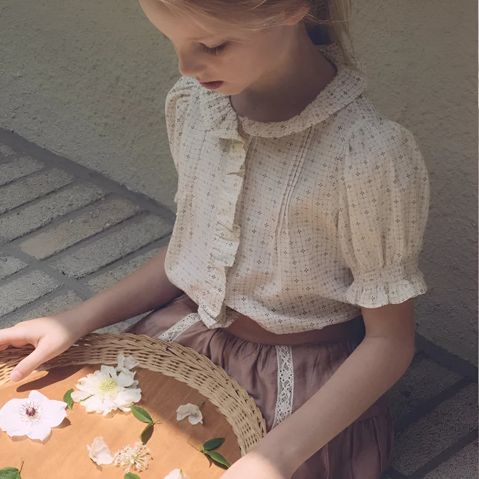 Girls' cotton printed shirt suit with cross star top and orange skirt