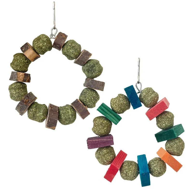 Natural applewood straw ball hamster chew toy with colourful sequin rings for guinea pigs and rabbits.