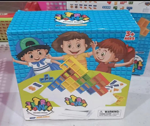 Plastic balance stacking game with 16 coloured blocks, chassis and base for family travel parties
