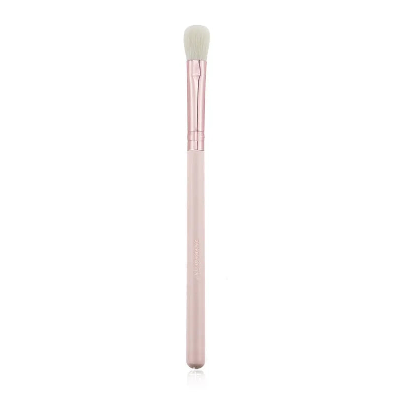 26 pink makeup brushes with wooden handles displayed in a open pink PU travel case