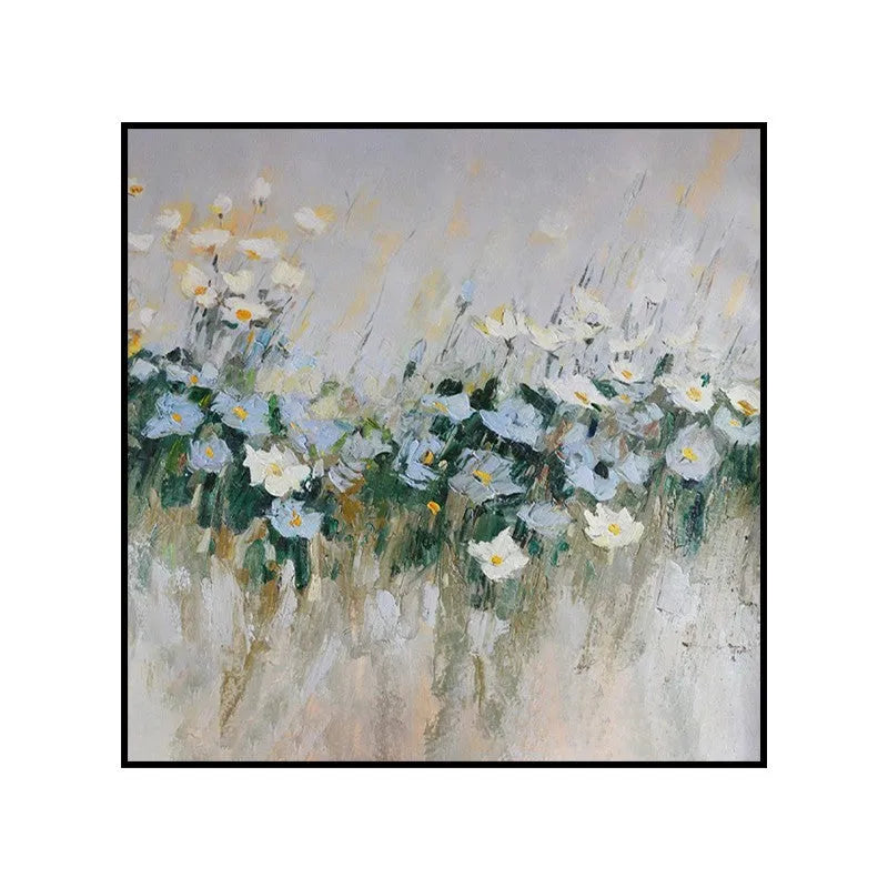 Hand-painted oil painting on canvas, modern blue flowers, square frameless unstretched artwork