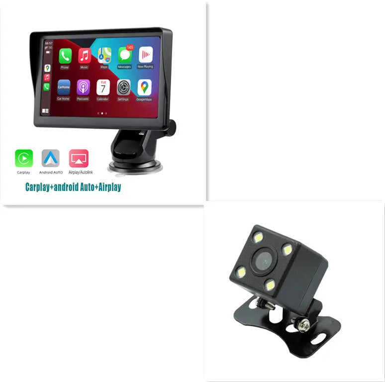 7 inch car smart screen with wireless Carplay and Android Auto on retractable bracket in vehicle