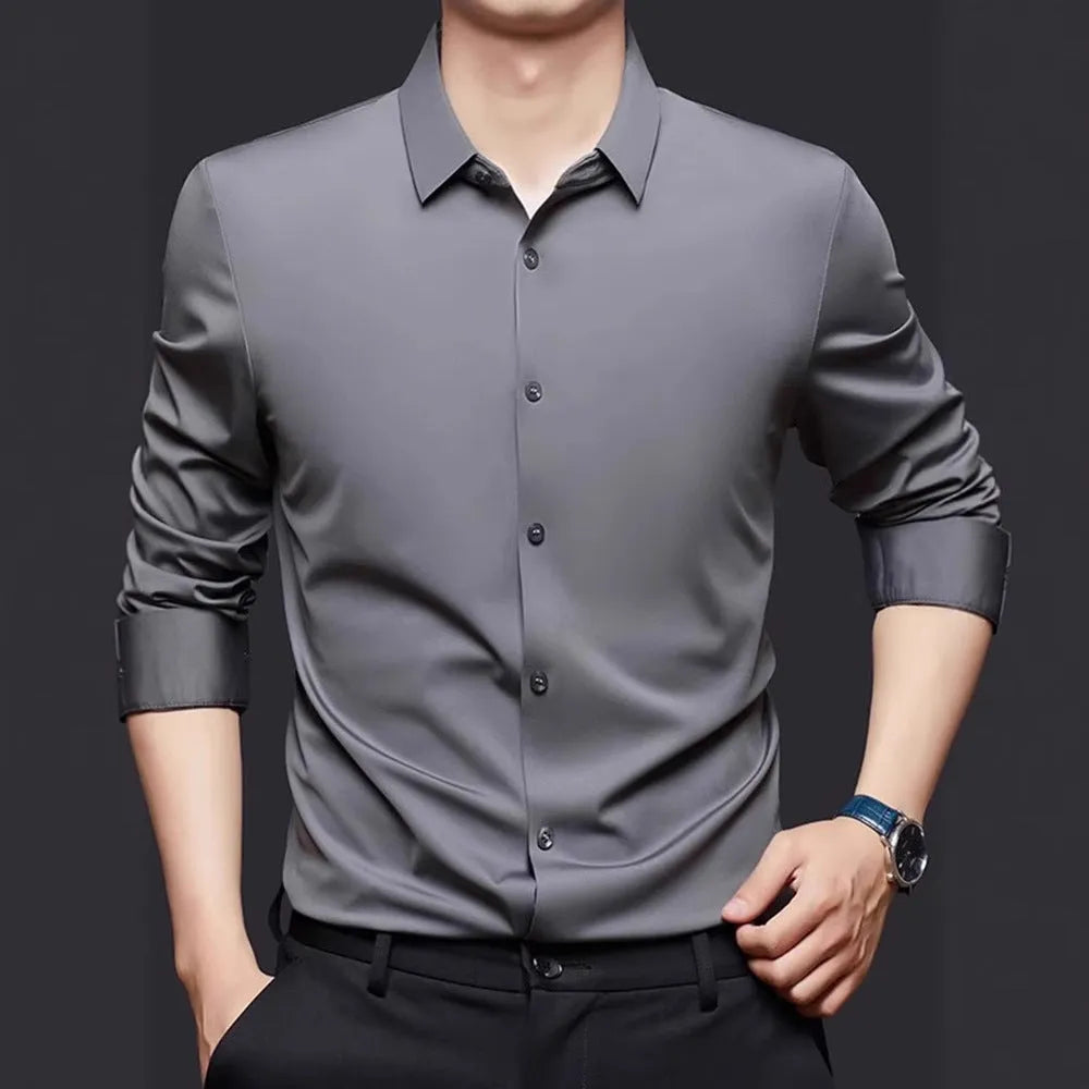 Seamless high elastic long sleeve anti-wrinkle shirt cardigan in spandex fabric, available in eight colours