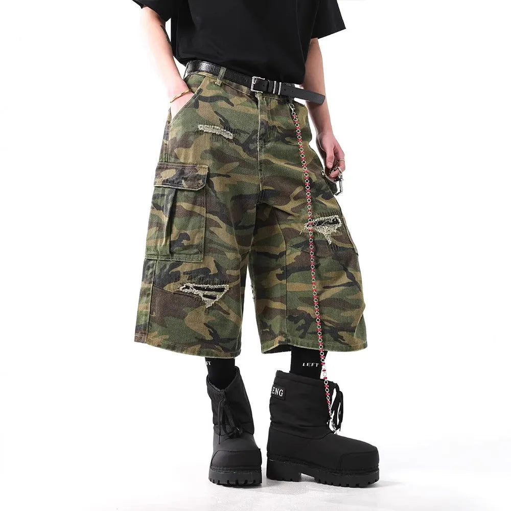 Retro camouflage cotton denim cropped trousers for men, mid-waist straight leg