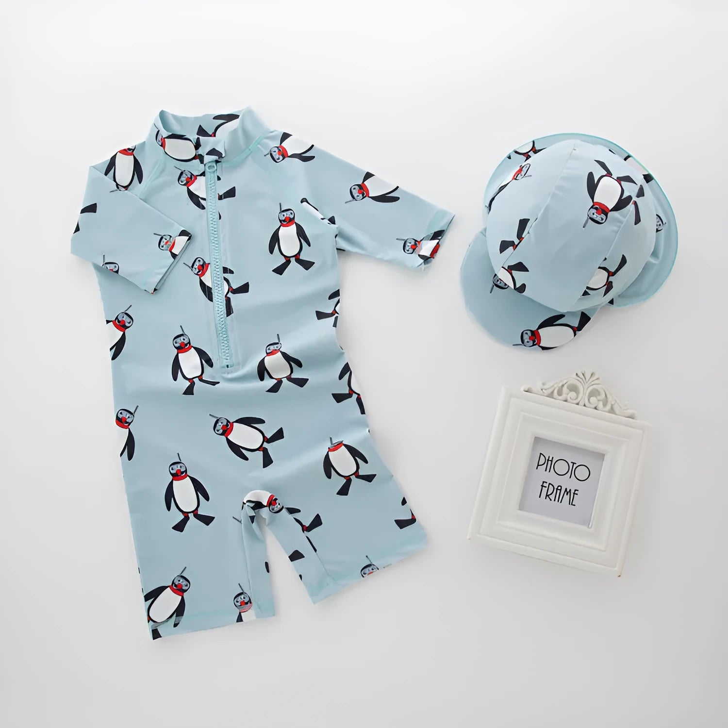 Boys' long sleeve swimming costume two-piece set with swim cap in penguin pattern