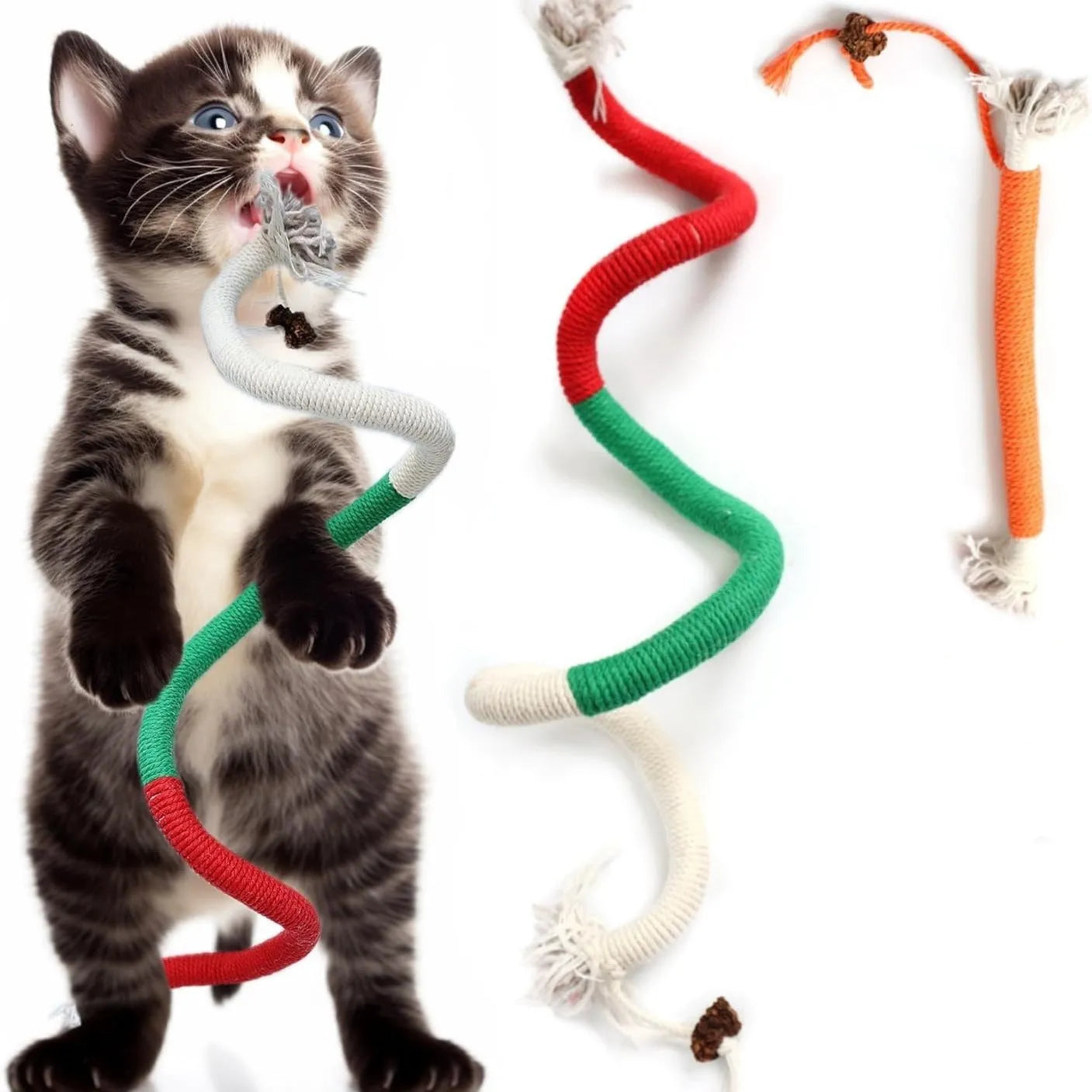Cat bite rope toy made of cotton string, 70cm long, catnip-stuffed, available in purple, orange, or red with green colours