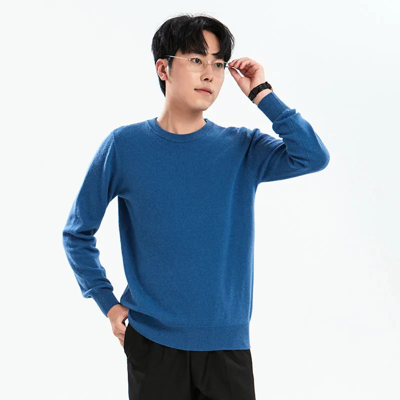Men's loose round neck pullover sweater in standard wool, autumn long sleeve, regular 50cm length