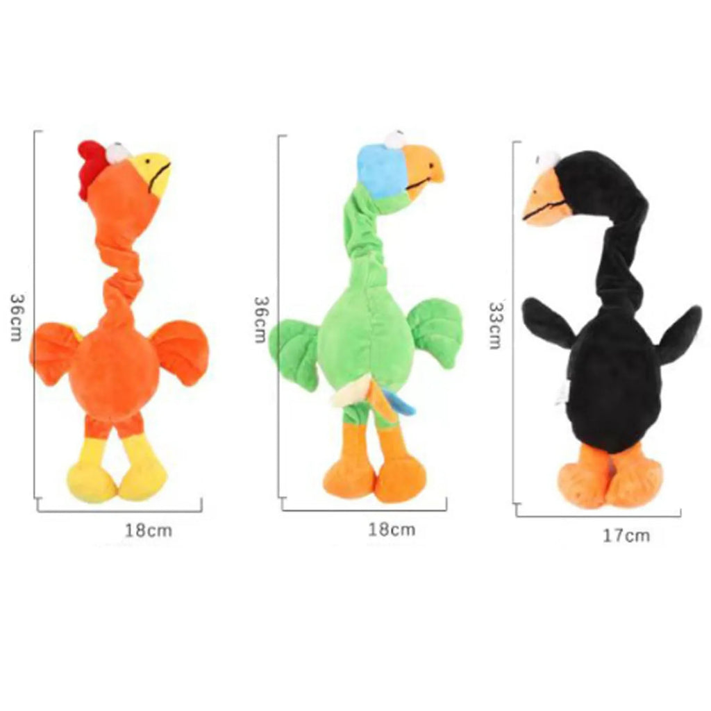 Screaming chicken sound dog chew toy in black, green or orange colours