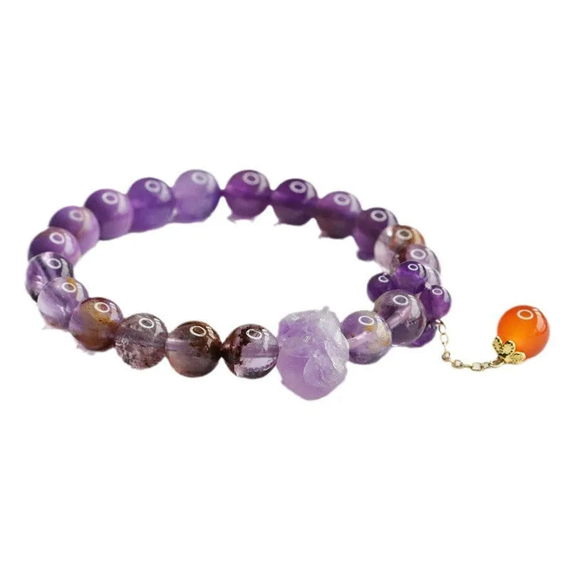 Nine purple fire Duobao crystal bracelet with amethyst beads and red agate accents in Mori style