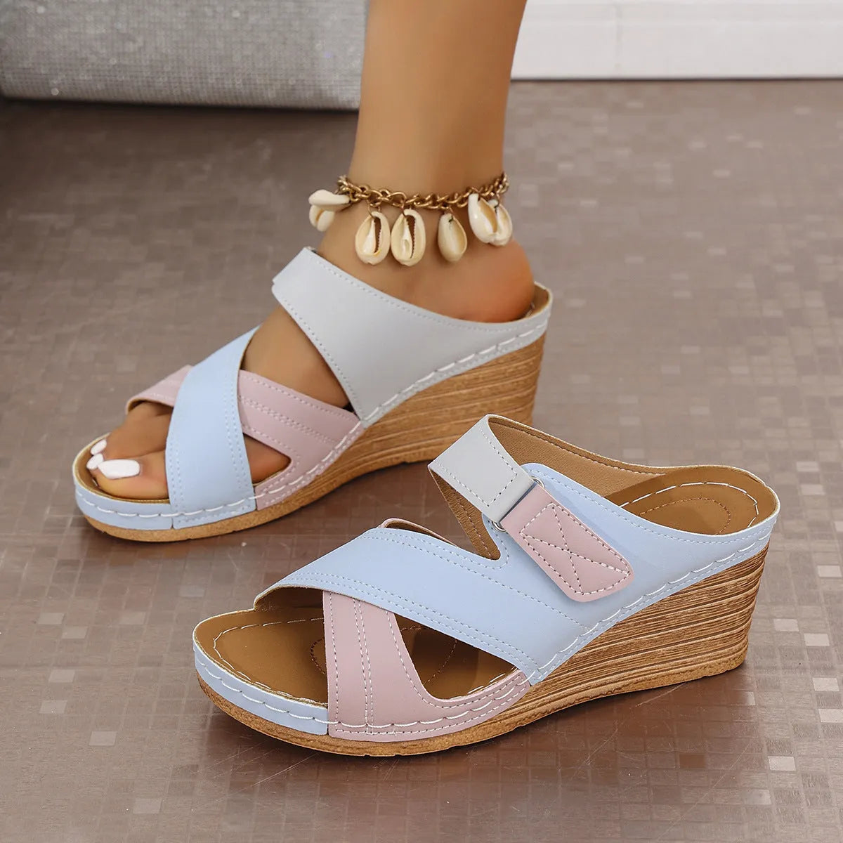 Women's Velcro wedge slippers in a two-tone colour with a fish mouth toe shape.