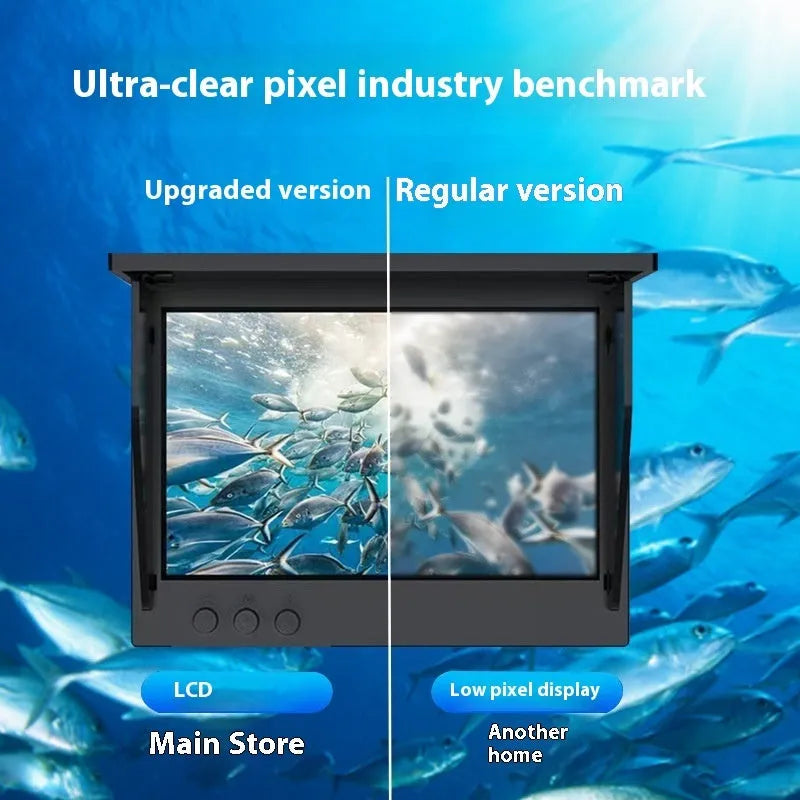 Fish finder underwater camera with 4.3 inch screen, showing HD underwater view with night vision lights on.