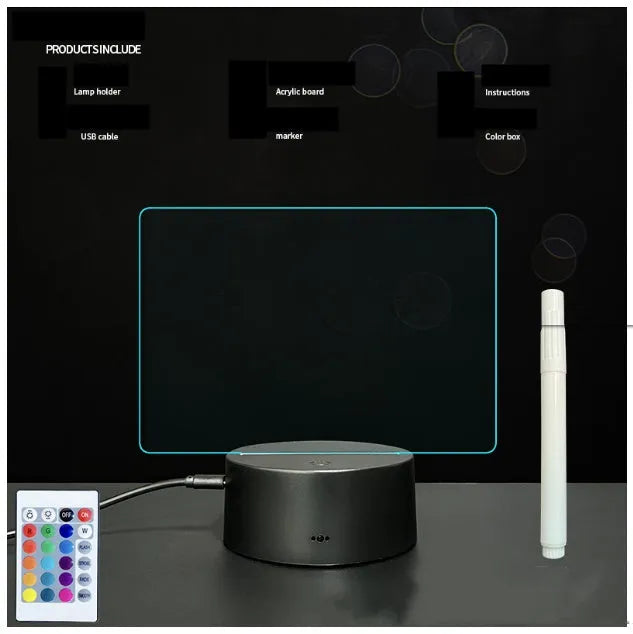 3D acrylic message board with LED lighting and a stylus pen on its illuminated surface